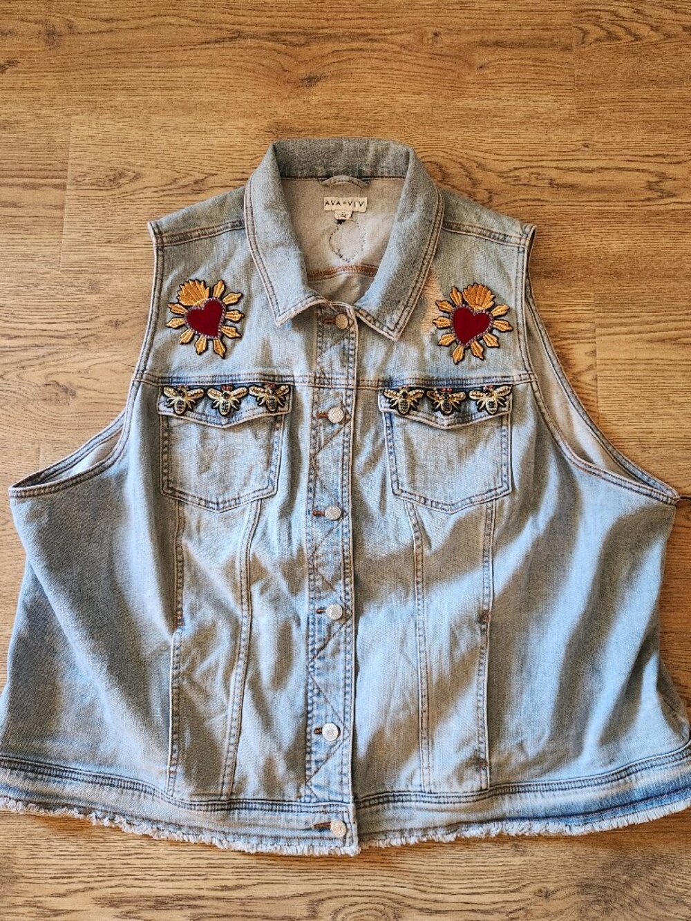 Plus size Embroiderd/Embellished Denim Vest Bees Hearts